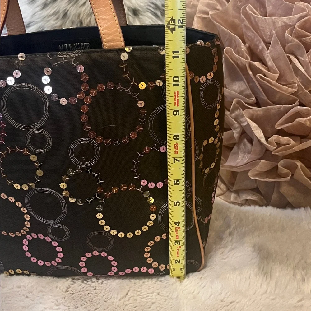 MZ Wallace Brown Neutral Embroidered Sequin Circles Leather Handles Canvas Tote